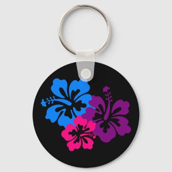 Tropical Hibiscus Flowers In Bright Colors Keychain by RetroZone at Zazzle