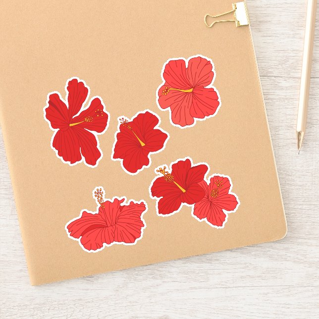 Tropical Hibiscus Flowers in Red and Peach Sticker (Notebook)