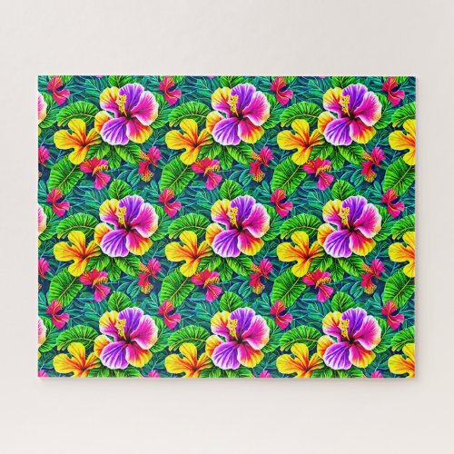 Tropical Hibiscus Flowers  Jungle Leaves Jigsaw Puzzle