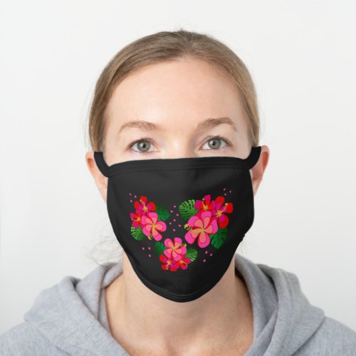 Tropical Hibiscus Flowers Jungle Leaves Pink Dots Black Cotton Face Mask