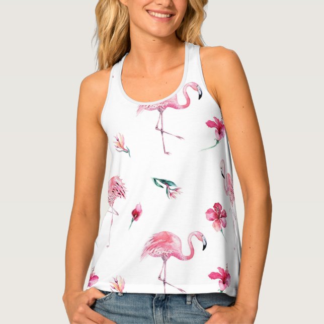 Tropical Hibiscus Flowers Leaves & Flamingos Tank Top (Front)