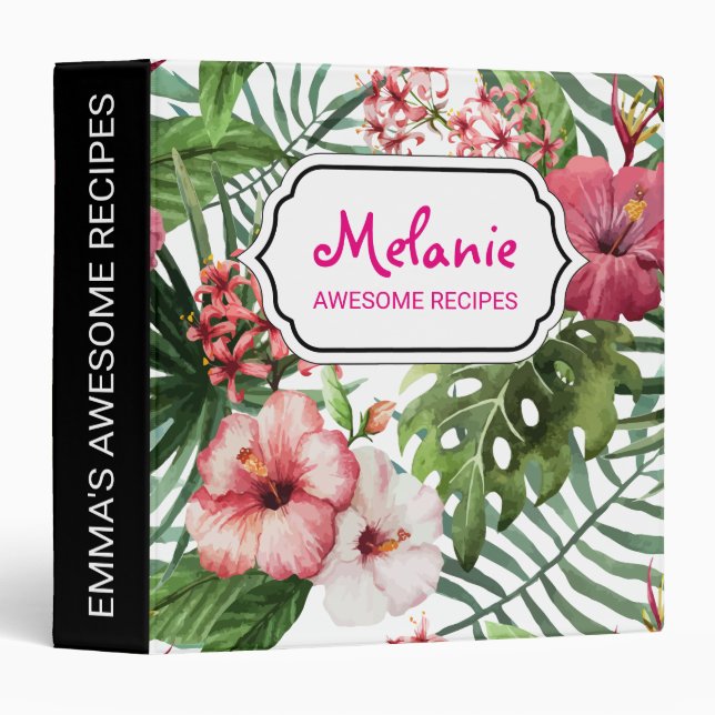 Tropical hibiscus flowers leaves foliage pattern 3 ring binder (Front/Spine)