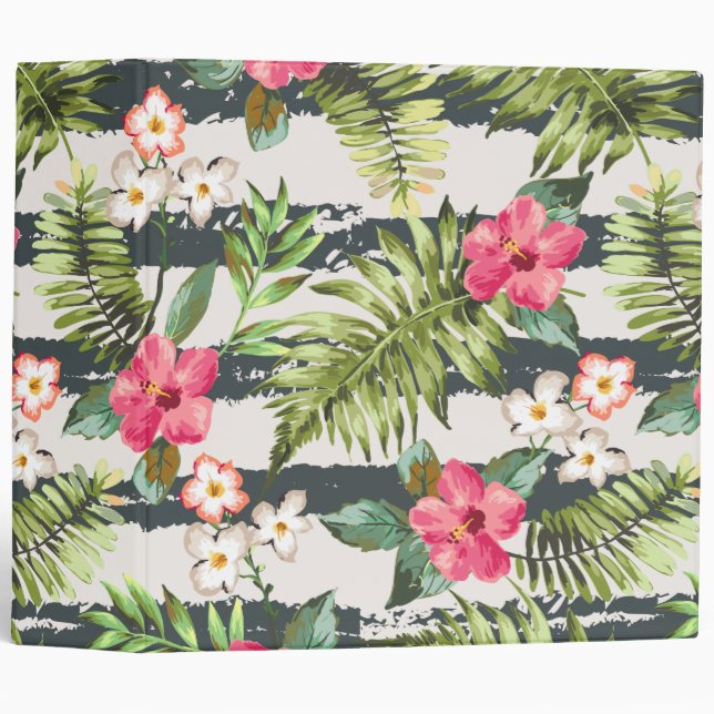 Tropical Hibiscus Flowers Leaves Stripes Pattern 3 Ring Binder (Front/Spine)