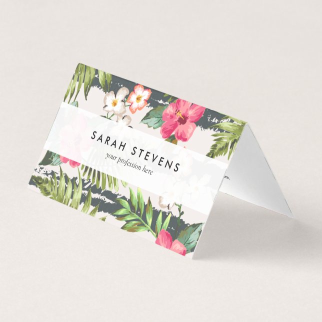 Tropical Hibiscus Flowers Leaves Stripes Pattern Business Card (Front)