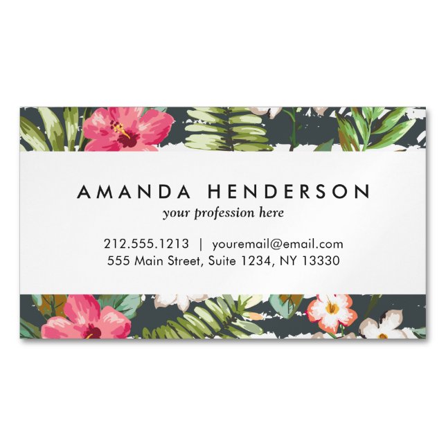 Tropical Hibiscus Flowers Leaves Stripes Pattern Business Card Magnet (Front)