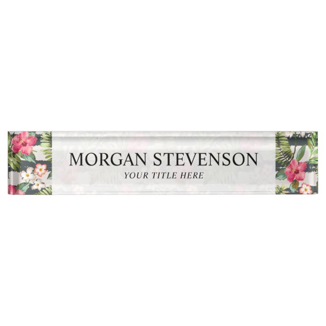 Tropical Hibiscus Flowers Leaves Stripes Pattern Desk Name Plate (Front)