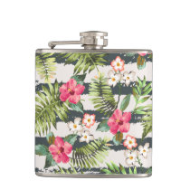 Tropical Hibiscus Flowers Leaves Stripes Pattern Flask Tropical Hibiscus Flowers Leaves Stripes Pattern Flask