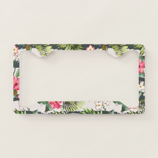 Tropical Hibiscus Flowers Leaves Stripes Pattern License Plate Frame (Front)