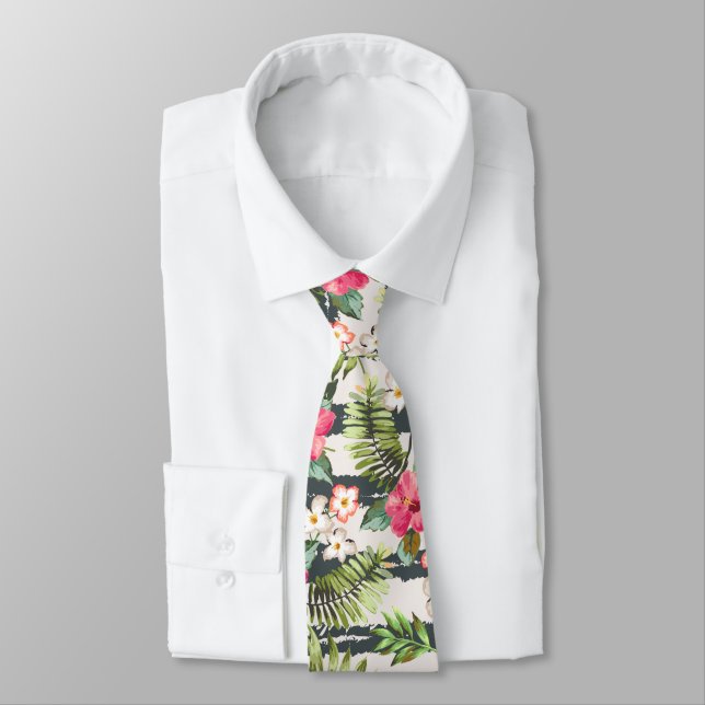 Tropical Hibiscus Flowers Leaves Stripes Pattern Neck Tie (Tied)