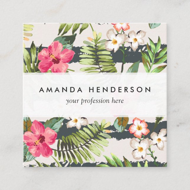 Tropical Hibiscus Flowers Leaves Stripes Pattern Square Business Card (Front)