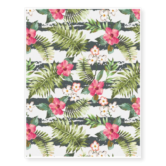 Tropical Hibiscus Flowers Leaves Stripes Pattern Temporary Tattoos (Front)