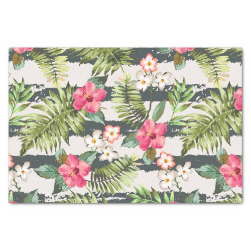 Tropical Hibiscus Flowers Leaves Stripes Pattern Tissue Paper