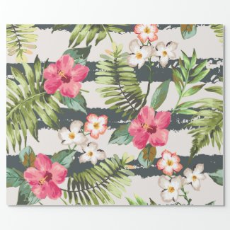 Tropical Hibiscus Flowers Leaves Stripes Pattern Wrapping Paper