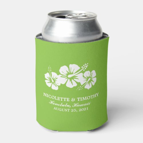 Tropical Hibiscus Flowers  Lime Green Wedding Can Cooler