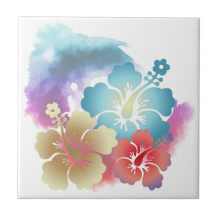 Tropical Hibiscus Flowers Multi Color Ceramic Tile