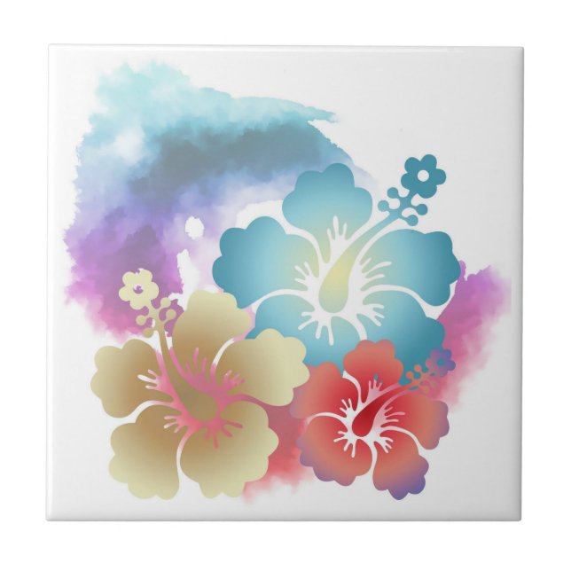 Tropical Hibiscus Flowers Multi Color Ceramic Tile (Front)