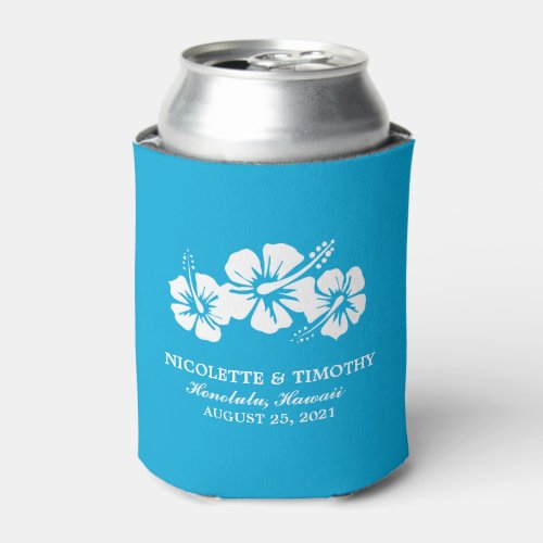 Tropical Hibiscus Flowers  Ocean Blue Wedding Can Cooler