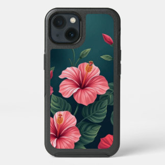 Tropical Hibiscus Flowers on Dark Background iPhone 13 Case