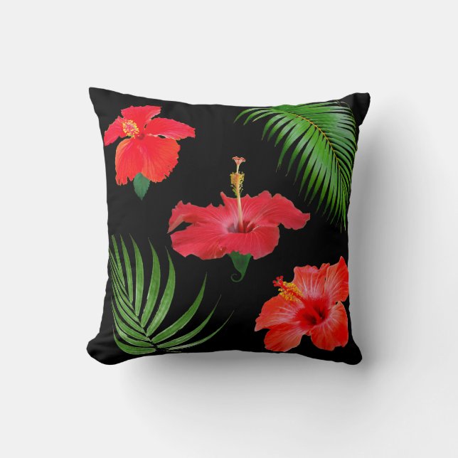Tropical Hibiscus Flowers & Palm Leaves on Black Throw Pillow (Front)