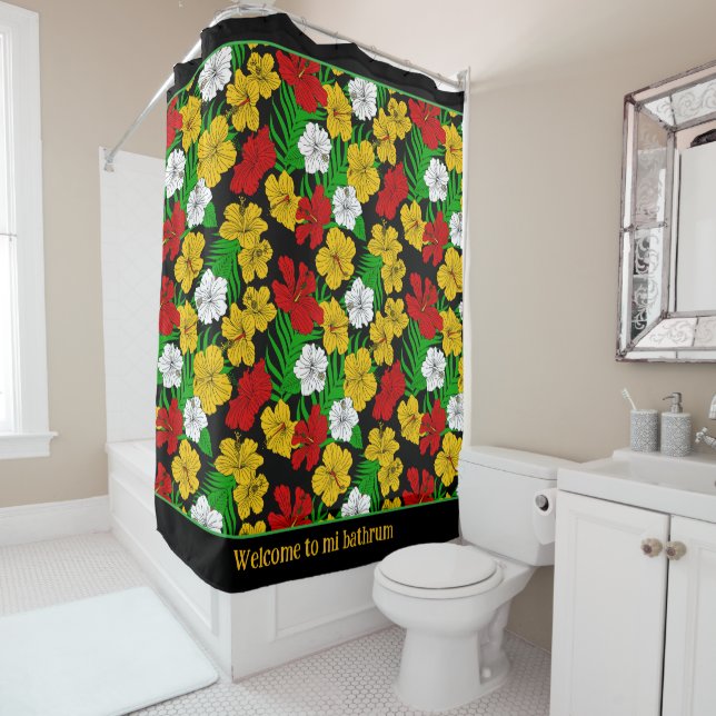 Tropical Hibiscus Flowers Patterned Black Shower Curtain (In Situ)