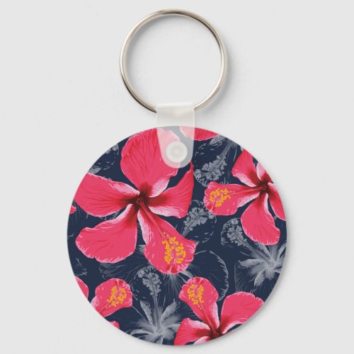 Tropical Hibiscus Flowers Summer Design Keychain