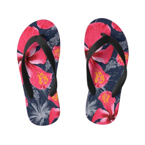 Tropical Hibiscus Flowers Summer Design Kids Flip Flops