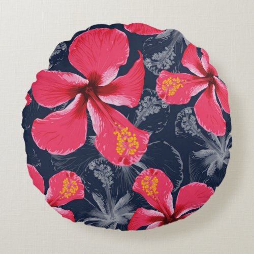 Tropical Hibiscus Flowers Summer Design Round Pillow