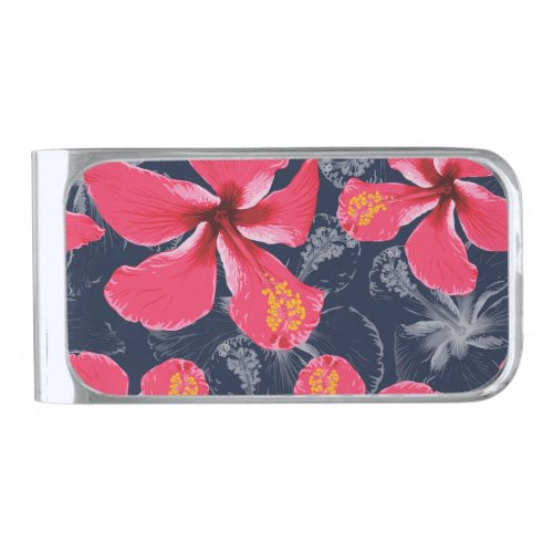 Tropical Hibiscus Flowers Summer Design Silver Finish Money Clip