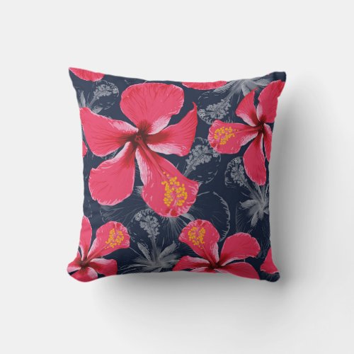 Tropical Hibiscus Flowers Summer Design Throw Pillow