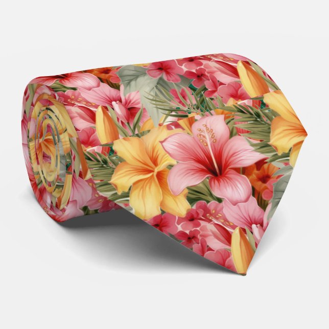 Tropical Hibiscus Flowers Summer Neck Tie (Rolled)