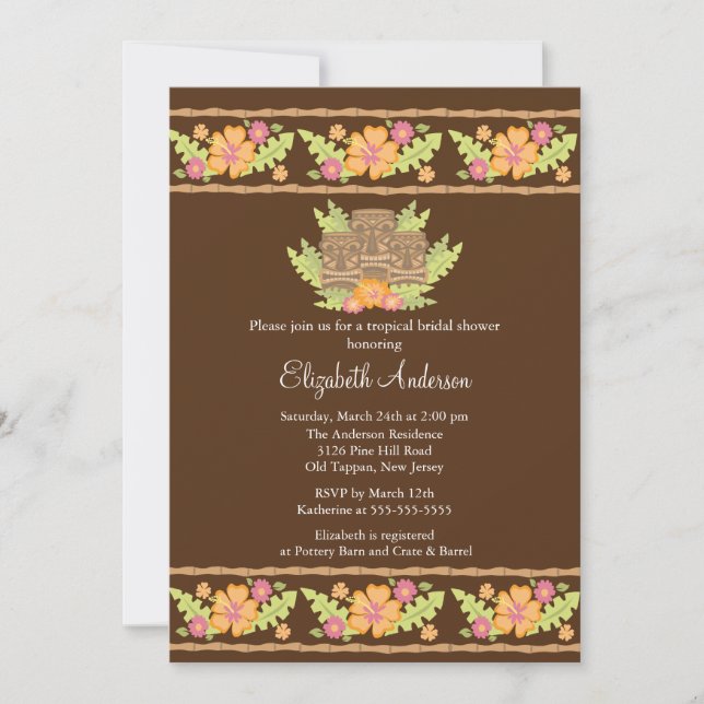 Tropical Hibiscus Flowers & tiki  Bridal Shower Invitation (Front)