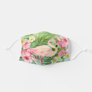 Tropical Hibiscus Flowers with Pink Flamingo Cloth Face Mask