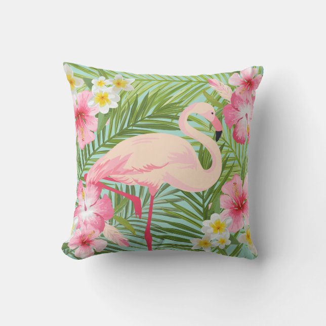 Tropical Hibiscus Flowers with Pink Flamingo Outdoor Pillow (Front)