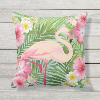 Tropical Hibiscus Flowers With Pink Flamingo Outdoor Pillow by plushpillows at Zazzle