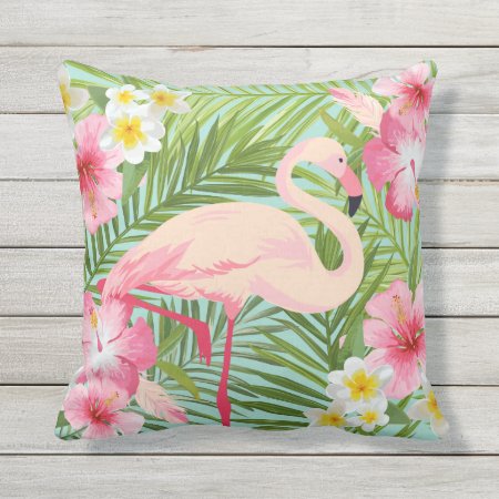 Tropical Hibiscus Flowers With Pink Flamingo Outdoor Pillow