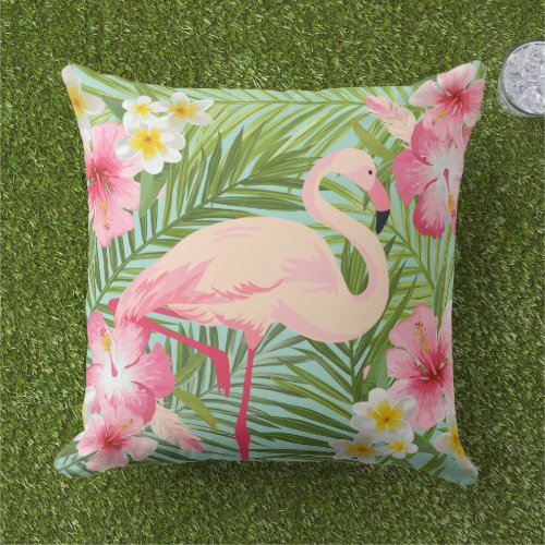 Tropical Hibiscus Flowers with Pink Flamingo Outdoor Pillow