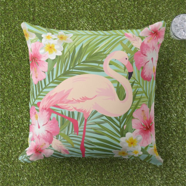 Tropical Hibiscus Flowers with Pink Flamingo Outdoor Pillow (Grass)