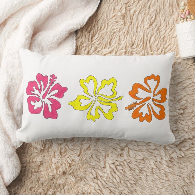 Tropical Hibiscus Flowers Yellow Pink Orange Print Lumbar Pillow (Blanket)