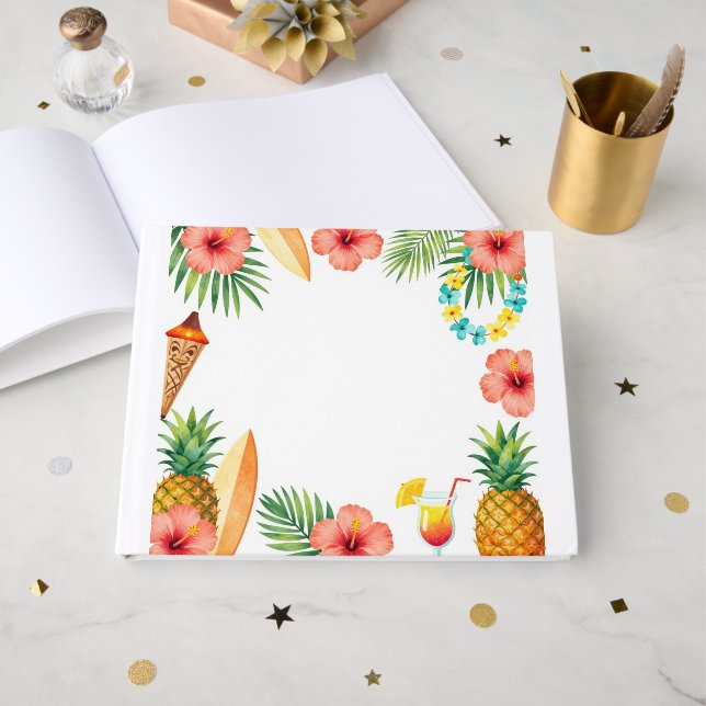 Tropical Hibiscus Frame Aloha Vibes Foil Guest Book (Front Open)