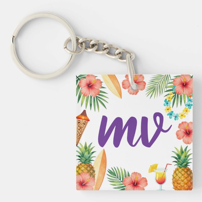 Tropical Hibiscus Frame Aloha Vibes Keychain (Front)