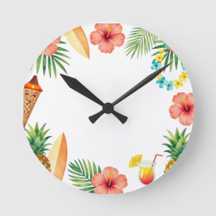 Tropical Hibiscus Frame Aloha Vibes Round Clock