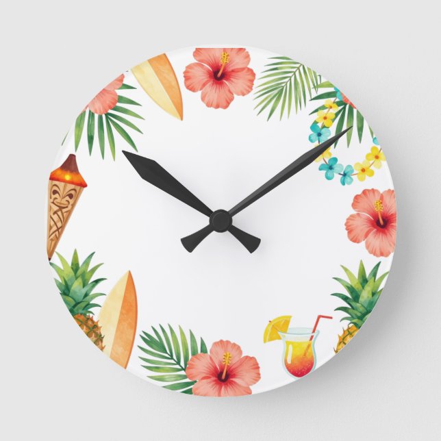 Tropical Hibiscus Frame Aloha Vibes Round Clock (Front)