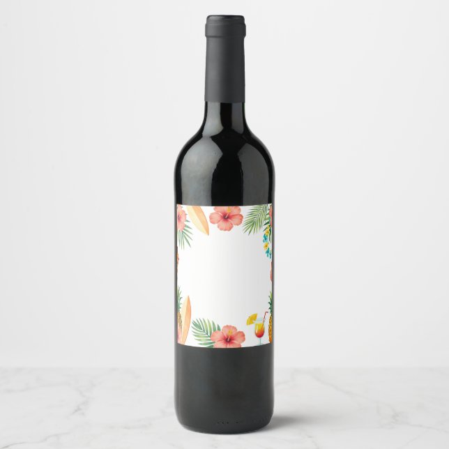 Tropical Hibiscus Frame Aloha Vibes Wine Label (Front)