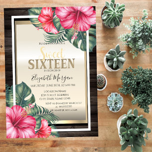 Tropical Hibiscus Frame Wood Sweet 16 Invitation