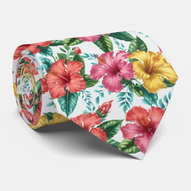 Tropical Hibiscus Garden Floral Pattern Neck Tie (Rolled)