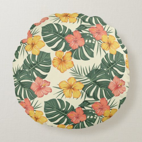 Tropical Hibiscus Garden Round Pillow