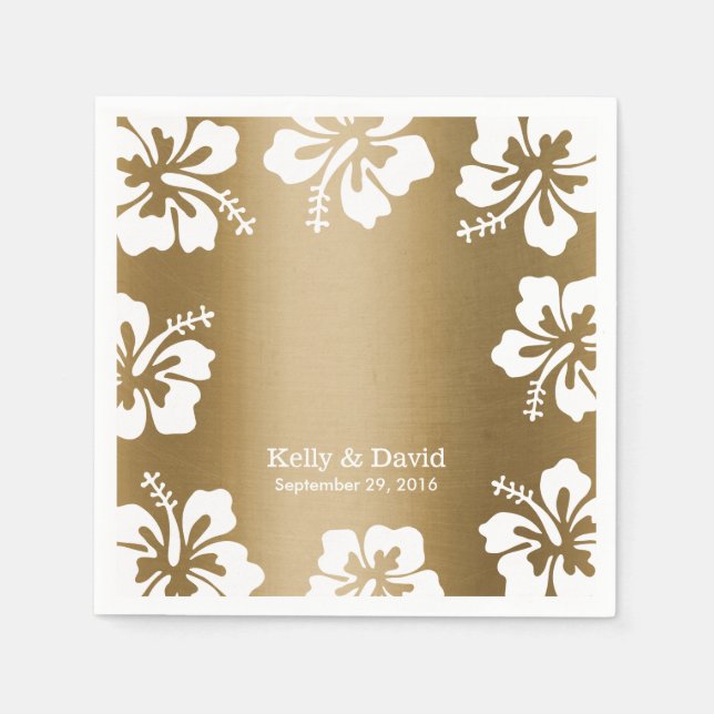 Tropical Hibiscus Gold Background Elegant Wedding Paper Napkins (Front)