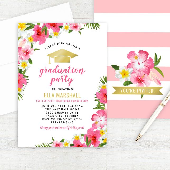 Tropical Hibiscus Gold Cap Graduation Party Invitation (Creator Uploaded)