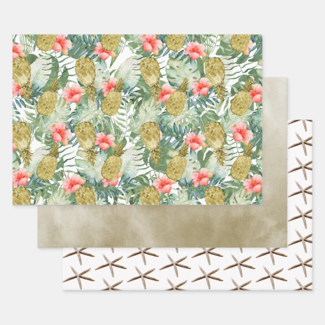 Tropical Hibiscus Gold Pineapples Floral Wrapping Paper Sheets (Set)