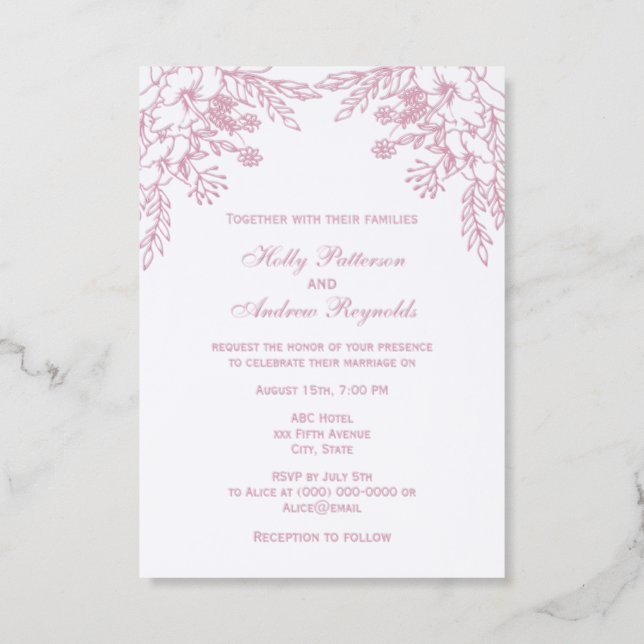 Tropical Hibiscus & Greenery Wedding Couple Letterpress Photo Cards (Front)